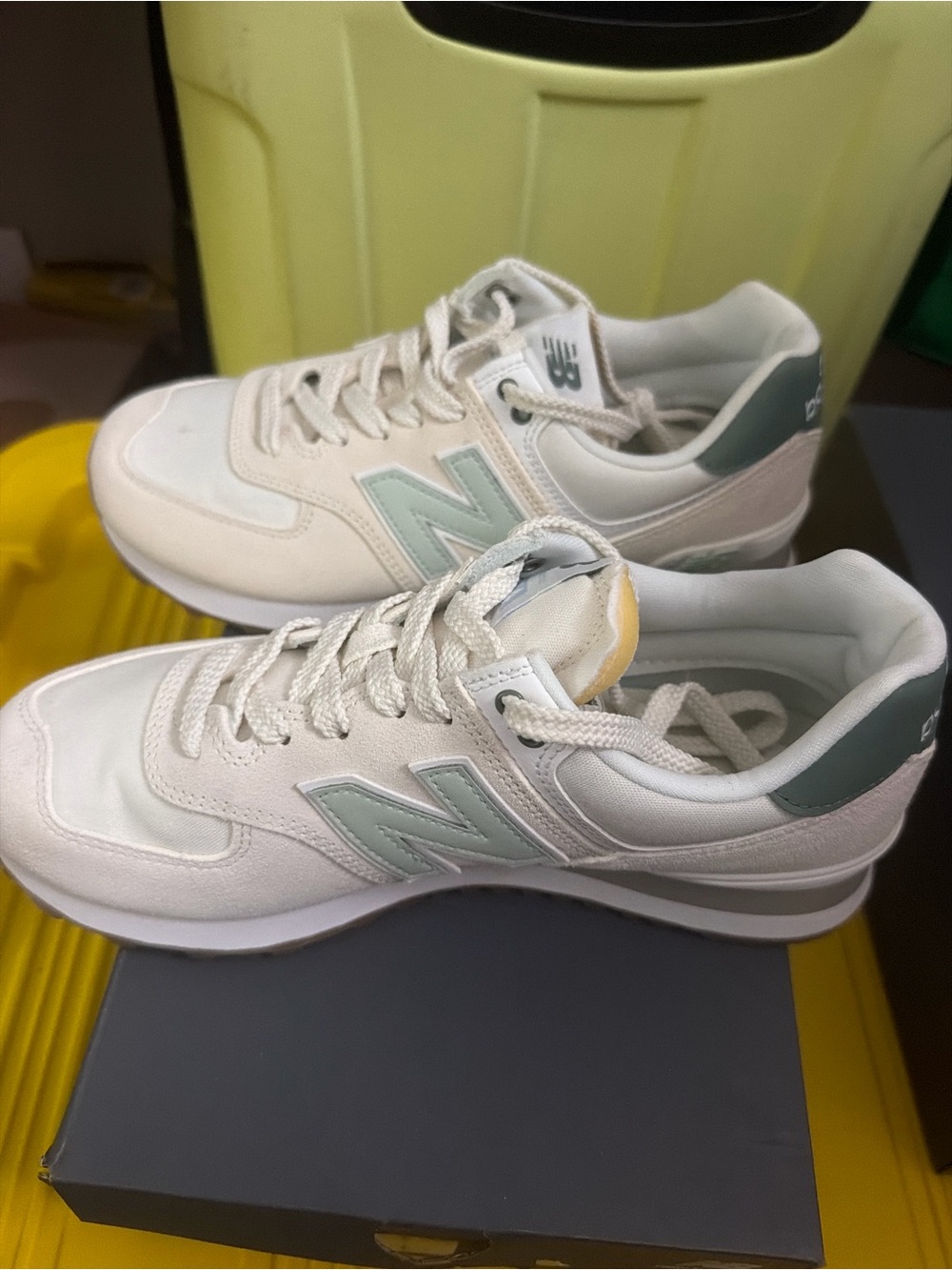 New Balance 574 White and Mint Green Classic Sneakers